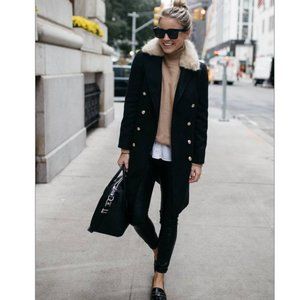 Topshop Black Pea Coat with Cream Fur Trim